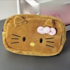 Brand New Hello Kitty Tan Fuzzy Cosmetics Pencil Pen Bag | Super Soft